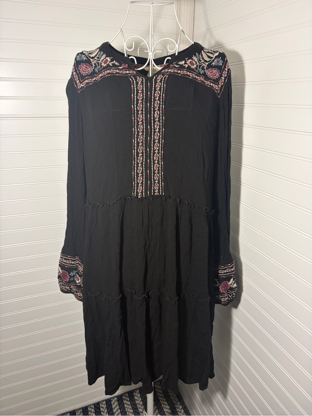 Nurture by Westbound -Black Embroidered Boho Tiered Long-Sleeve Dress
